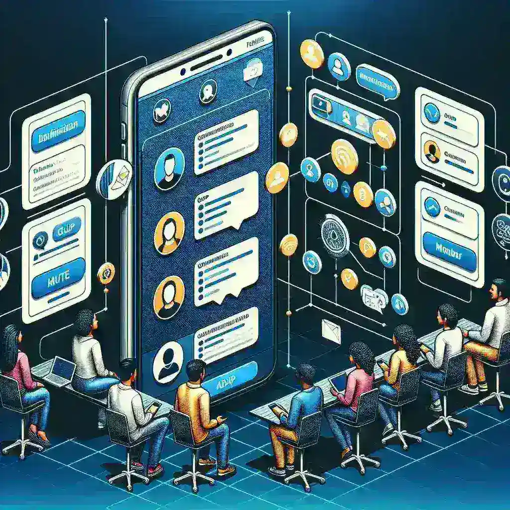 "Ilustrasi pengaturan grup Telegram untuk komunitas: Tampilan antarmuka aplikasi Telegram dengan fitur pengelolaan grup, termasuk pengaturan privasi, izin anggota, dan opsi pengumuman."